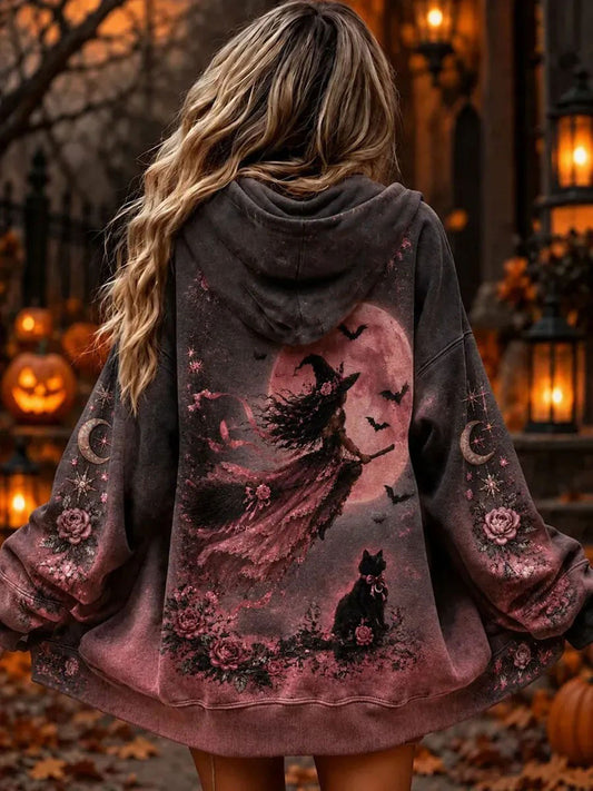 Women's Pink Witch Print  Zip-Up Hoodie