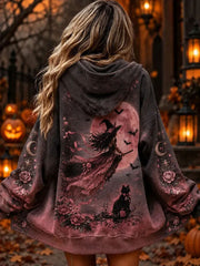 Women's Pink Witch Print  Zip-Up Hoodie