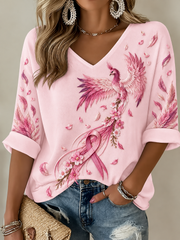 Women's Breast Cancer Mid-length Sleeves V-Neck T-Shirt