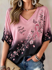 Women's Breast Cancer Pink Art Print Mid-length Sleeves V-Neck T-Shirt