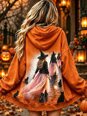 Women's Pink Witch Print Zip-Up Hoodie