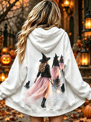 Women's Pink Witch Print Zip-Up Hoodie