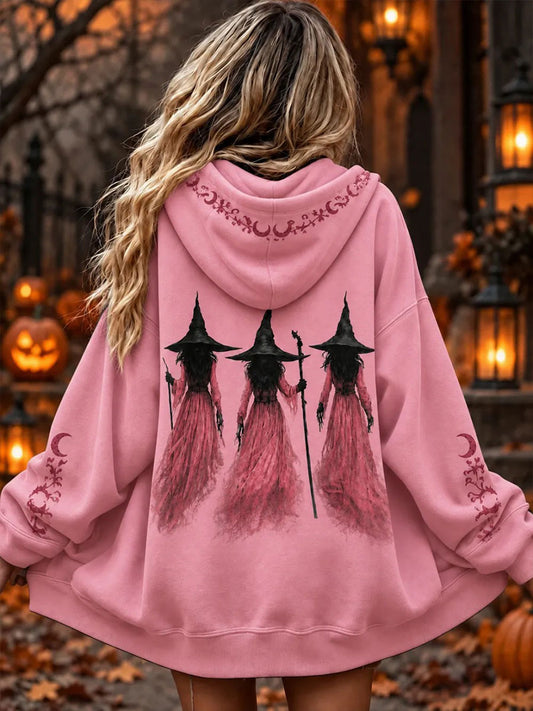 Women's Pink Witch Print Zip-Up Hoodie