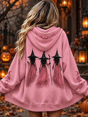 Women's Pink Witch Print Zip-Up Hoodie