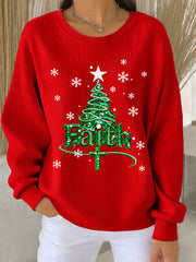Women's Christmas Faith Ribbed Round-Neck Sweatshirt