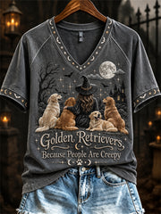 Women's Golden Retrievers Because People Are Creepy Halloween Witch & Dogs Print short-sleeved T-shirt