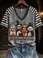 Women's Shih Tzus Because People Are Creepy Halloween Dogs Striped Print short-sleeved T-shirt