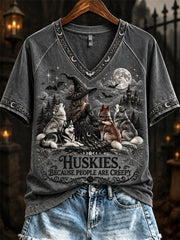 Women's Huskies Because People Are Creepy Halloween Witch & Dogs Print short-sleeved T-shirt