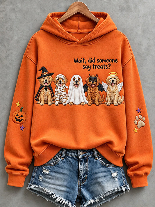 Women's Wait Did Someone Say Treats Halloween Golden Retrievers Print Hoodie