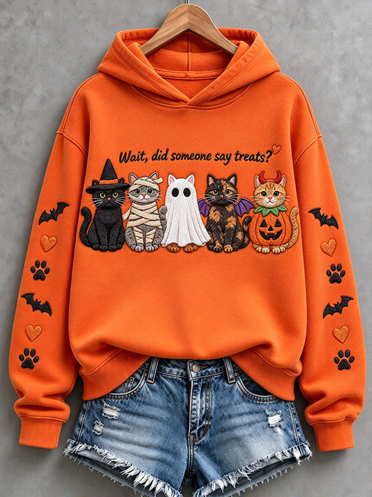 Women's Wait Did Someone Say Treats Halloween Cats Print Hoodie