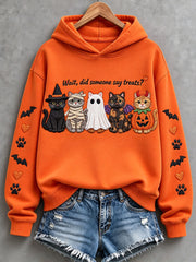 Women's Wait Did Someone Say Treats Halloween Cats Print Hoodie