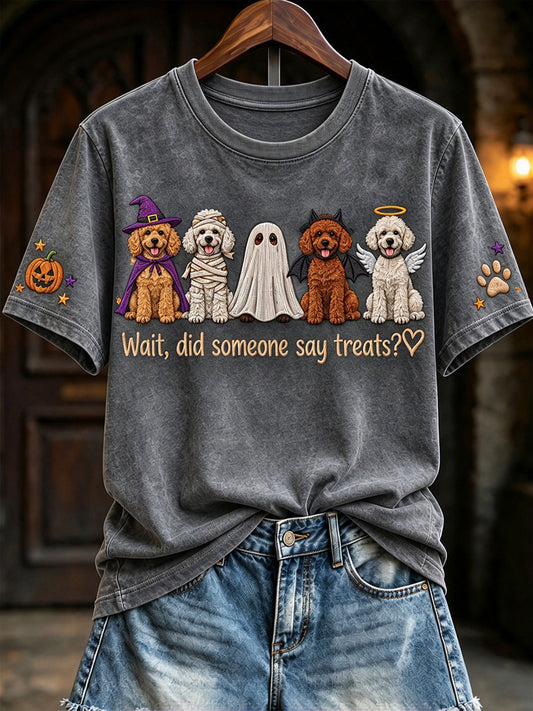 Women's Wait Did Someone Say Treats Halloween Poodles Print Short-sleeved T-shirt