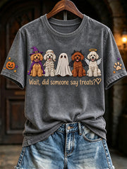 Women's Wait Did Someone Say Treats Halloween Poodles Print Short-sleeved T-shirt