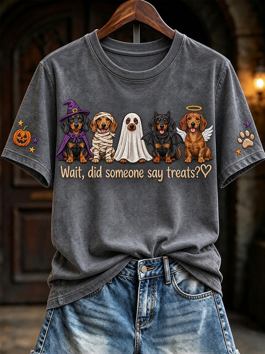Women's Wait Did Someone Say Treats Halloween Dachshunds Print Short-sleeved T-shirt