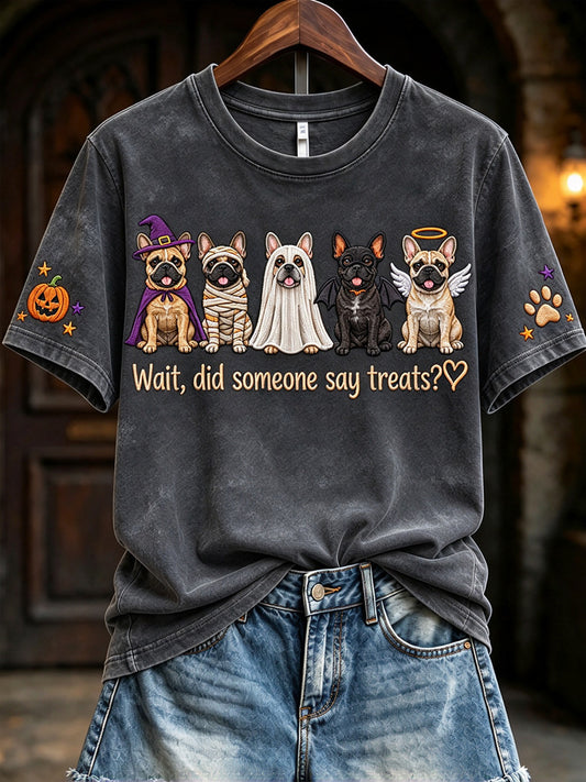 Women's Wait Did Someone Say Treats Halloween French Bulldogs Print Short-sleeved T-shirt