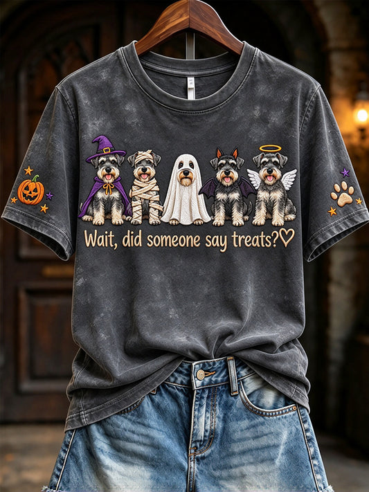 Women's Wait Did Someone Say Treats Halloween Schnauzers Print Short-sleeved T-shirt