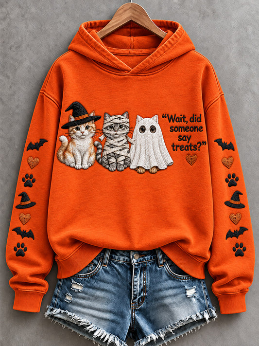 Women's Wait Did Someone Say Treats Halloween Cats Print Hoodie