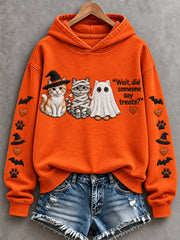 Women's Wait Did Someone Say Treats Halloween Cats Print Hoodie