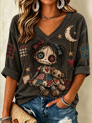 Women's Halloween Creepy Dolls Print Casual Half-Sleeve V-Neck T-Shirt