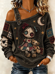 Women's Halloween Creepy Dolls Print Casual Off-Shoulder Sweatshirt