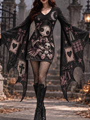 Women's Halloween Creepy Dolls Patchwork Print Bat Sleeve Dress