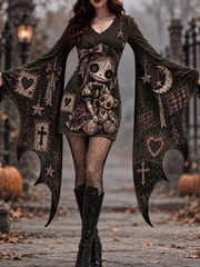 Women's Halloween Creepy Dolls Patchwork Print Bat Sleeve Dress