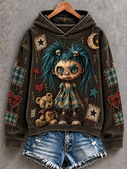 Women's Halloween Creepy Dolls Patchwork Print Casual Off-Shoulder Sweatshirt
