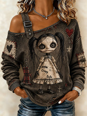 Women's Halloween Creepy Dolls Patchwork Print Casual Off-Shoulder Sweatshirt