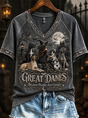 Women's Great Danes Because People Are Creepy Halloween Witch & Dogs Print short-sleeved T-shirt