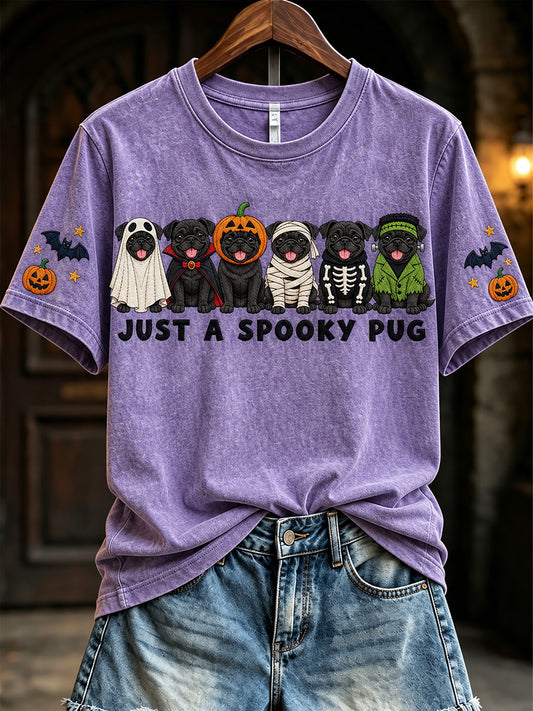 Women's Just A Spooky Black Pug Halloween Dogs Print Short-sleeved T-shirt