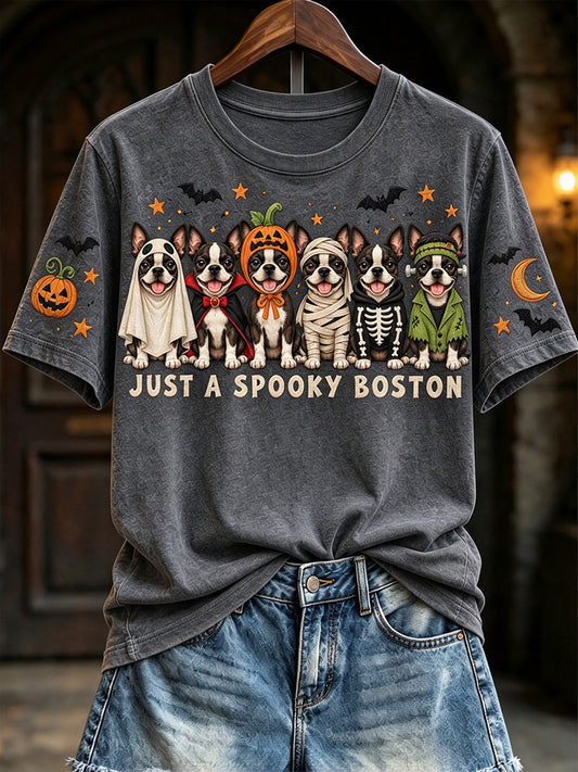 Women's Just A Spooky Boston Terrier Halloween Dogs Print Short-sleeved T-shirt