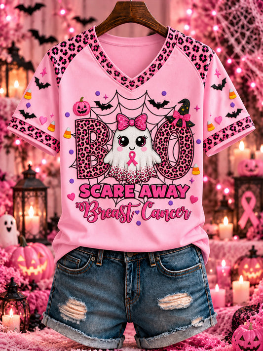Women's Breast Cancer Halloween Printed V-neck T-shirt