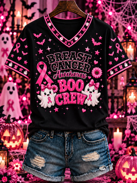 Women's Breast Cancer Halloween Printed V-neck T-shirt
