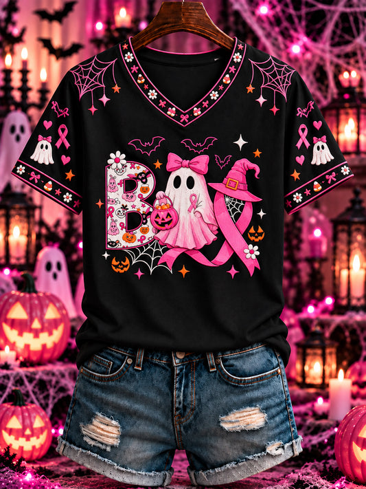 Women's Breast Cancer Halloween Printed V-neck T-shirt