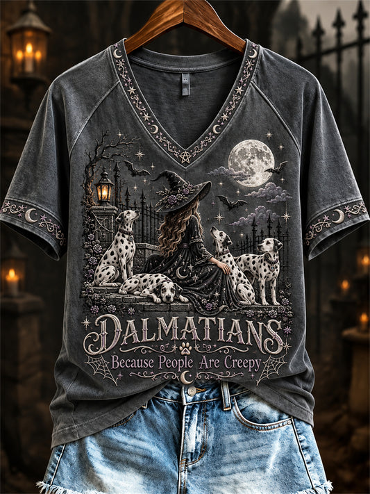 Women's Dalmatians Because People Are Creepy Halloween Witch & Dogs Print short-sleeved T-shirt