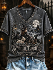 Women's Scottish Terriers Because People Are Creepy Halloween Witch & Dogs Print short-sleeved T-shirt