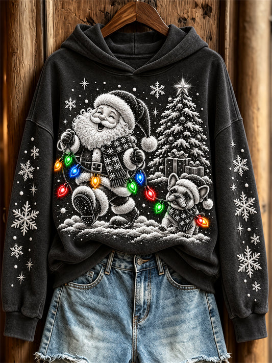Women's Santa Claus & French Bulldog Colorful Christmas Lights Print Hoodie