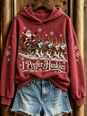 Women's Christmas I Prefer Huskies Santa Claus & Dogs Print Hoodie