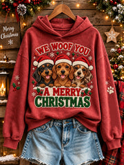 Women's We Woof You A Merry Christmas Dogs Pattern Causal Hoodie