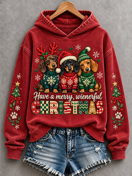 Women's Merry Christmas Dachshunds Print Dog Lovers Casual Hoodie