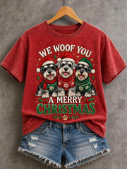 Women's We Woof You A Merry Christmas Schnauzer Print Dog Lovers Casual Tee