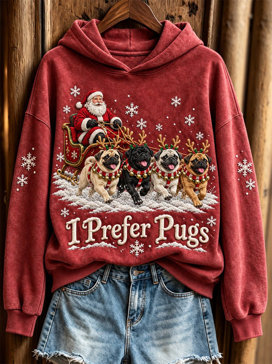 Women's Christmas I Prefer Pugs Santa Claus & Dogs Print Hoodie