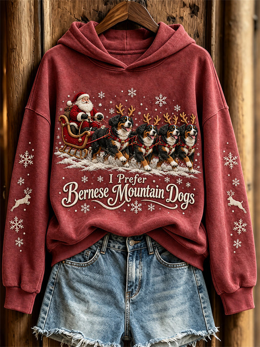 Women's Christmas I Prefer Bernese Mountain Dogs Santa Claus & Dogs Print Hoodie