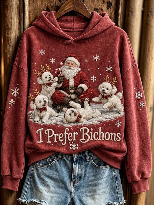 Women's Christmas I Prefer Bichons Santa Claus & Dogs Print Hoodie