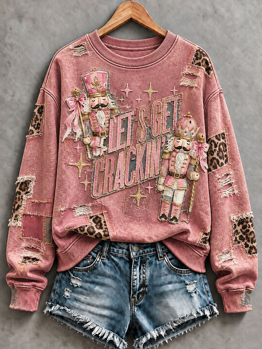 Women's Let's Get Crackin' Nutcracker Pink Christmas Print Regular Sweatshirt