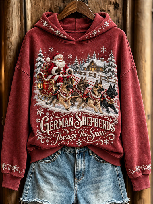 Women's German Shepherds Through The Snow Christmas Santa Claus & Dogs Print Hoodie