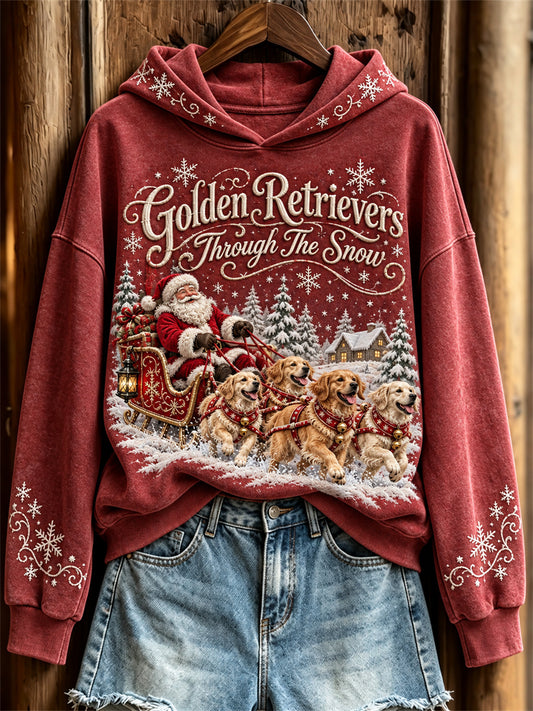 Women's Golden Retrievers Through The Snow Christmas Santa Claus & Dogs Print Hoodie