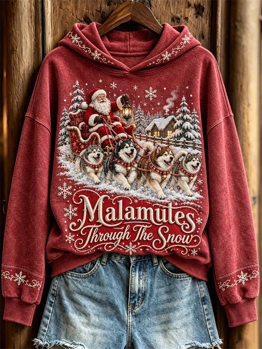 Women's Malamutes Through The Snow Christmas Santa Claus & Dogs Print Hoodie