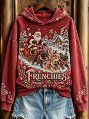 Women's Frenchies Through The Snow Christmas Santa Claus & Dogs Print Hoodie