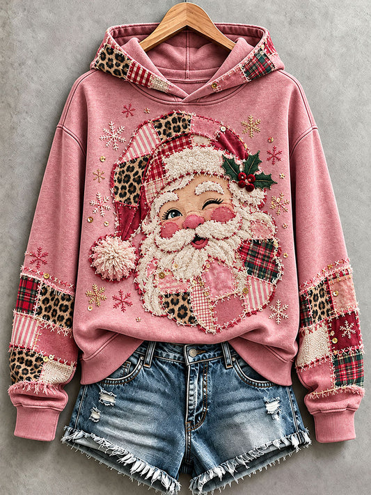 Women's Pink Santa Patchwork Art Hoodie